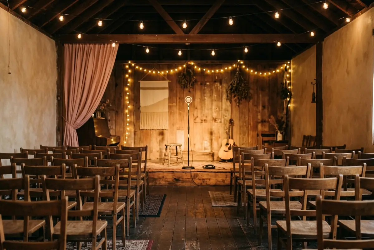 A small venue with a wooden stage, string lights and rows of chairs before a concert.